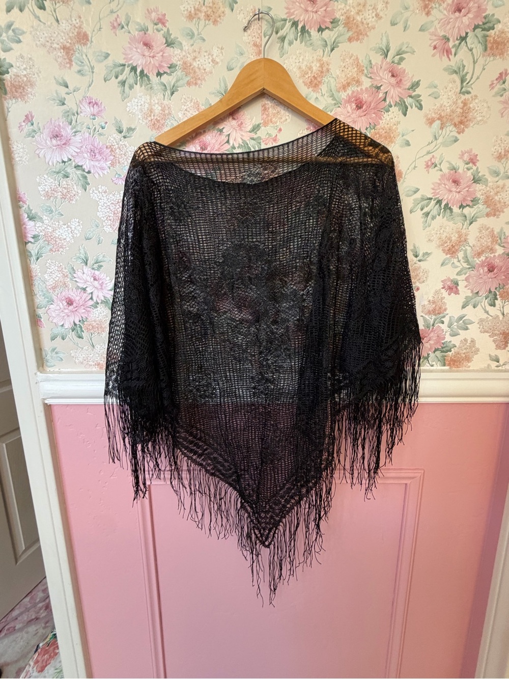 Y2k Black Fringe Crochet Shawl Poncho - Women Accessories